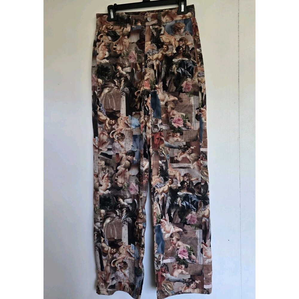 Shein Jeans Womens 26 Cherub Angels Painting Print Wide Leg Pants Art Eclectic